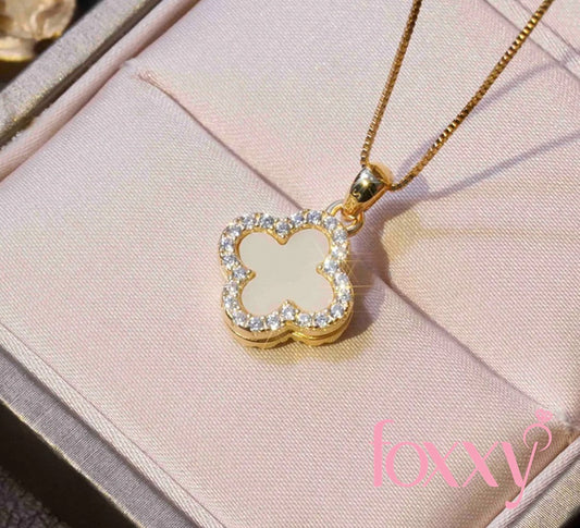 Fashion Four Leaf Clover Silver Plated Inlay Zircon Women'S Pendant Necklace Double Sided 1 Piece