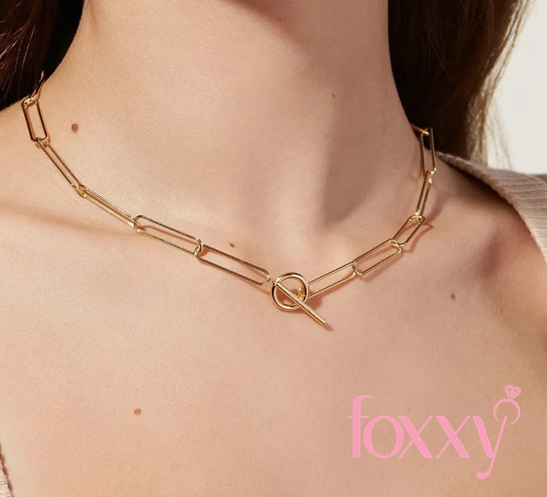 Vintage 18K Gold OT Buckle Flat Rectangle Chain Link Stainless Steel Necklace