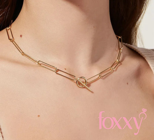 Vintage 18K Gold OT Buckle Flat Rectangle Chain Link Stainless Steel Necklace