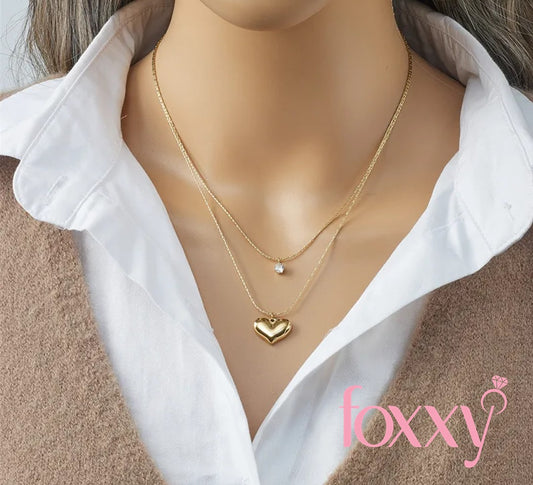 Basic Heart Shape Titanium Steel Gold Plated Rhinestones Layered Necklaces