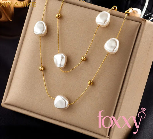 Basic Geometric Titanium Steel Gold Plated Artificial Pearls Necklace