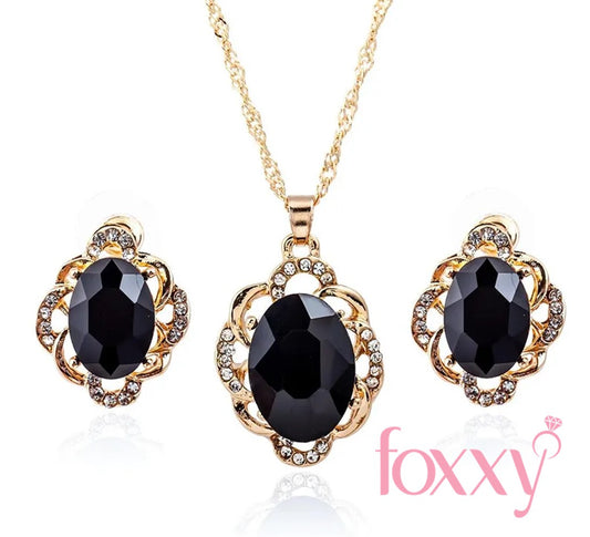 Korean version of the elliptical black gemstone stud earrings necklace full of two sets of ornaments