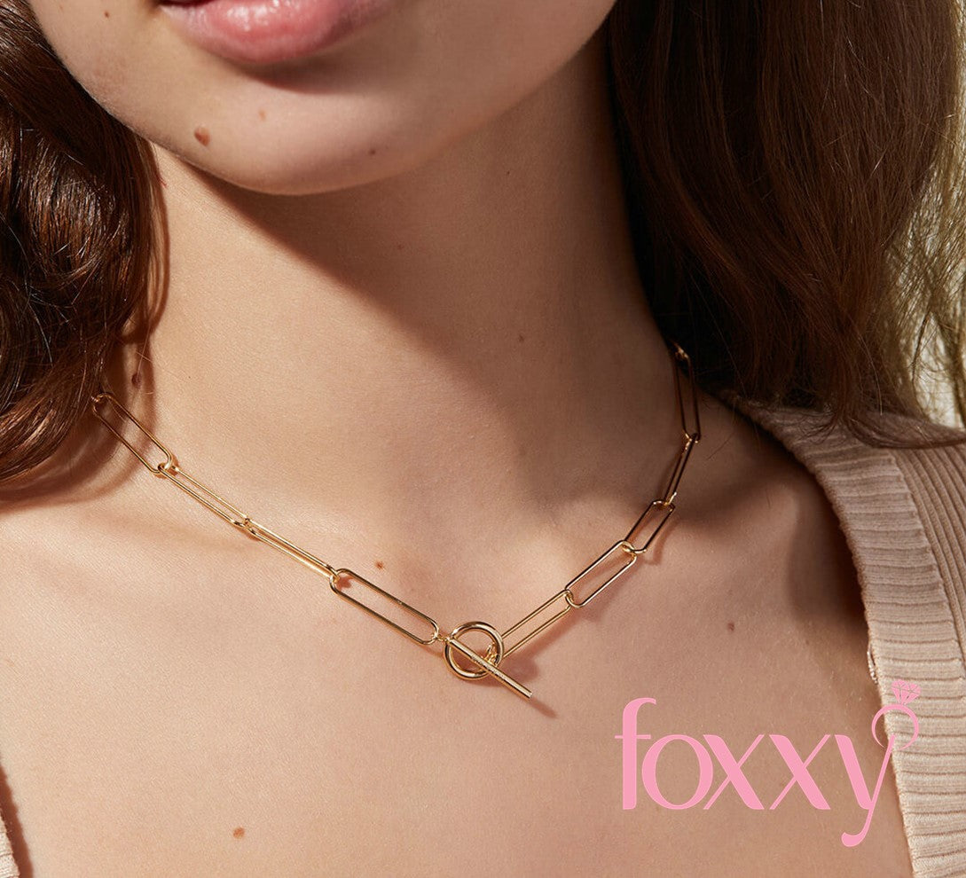 Vintage 18K Gold OT Buckle Flat Rectangle Chain Link Stainless Steel Necklace