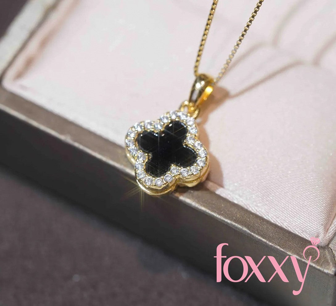 Fashion Four Leaf Clover Silver Plated Inlay Zircon Women'S Pendant Necklace Double Sided 1 Piece