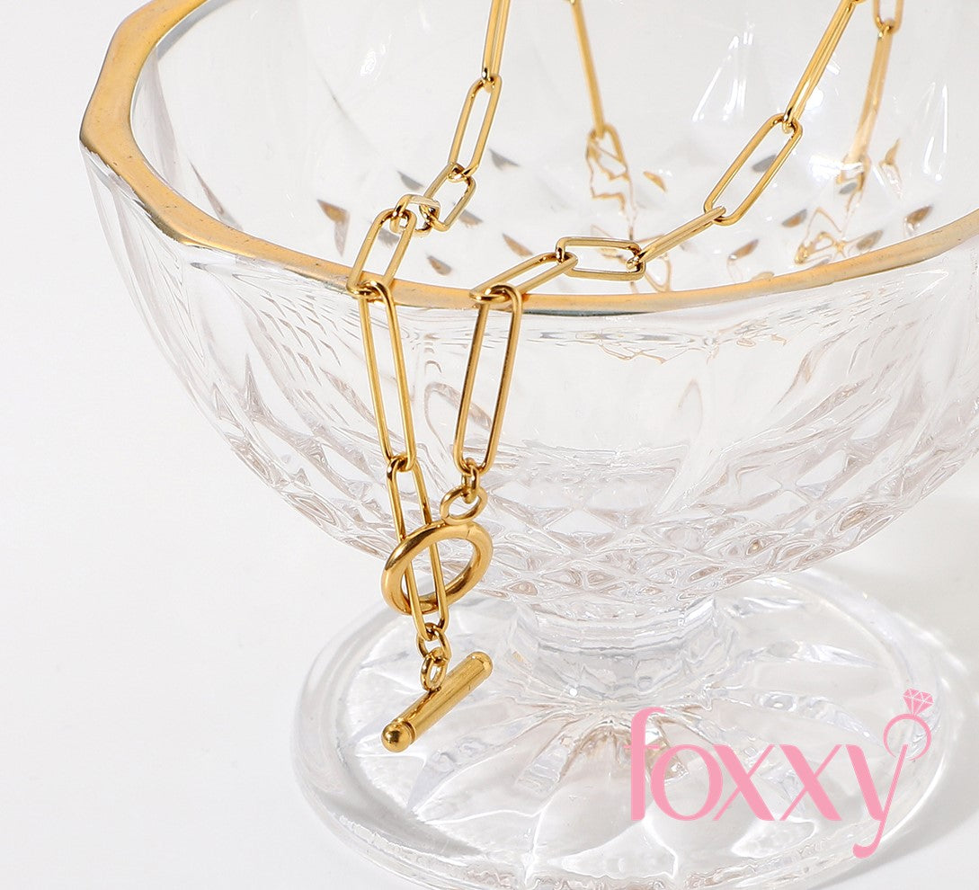 Vintage 18K Gold OT Buckle Flat Rectangle Chain Link Stainless Steel Necklace
