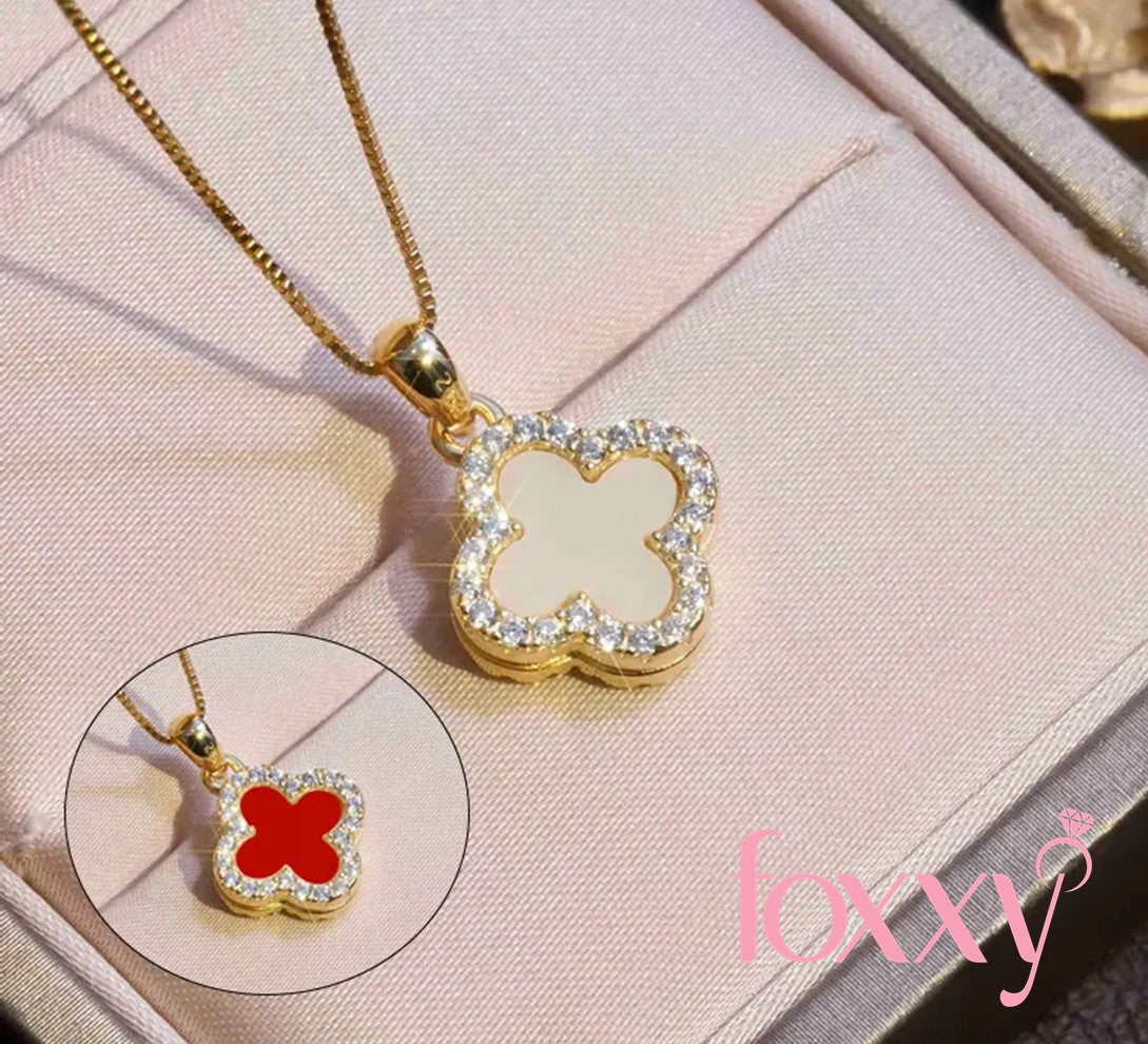 Fashion Four Leaf Clover Silver Plated Inlay Zircon Women'S Pendant Necklace Double Sided 1 Piece