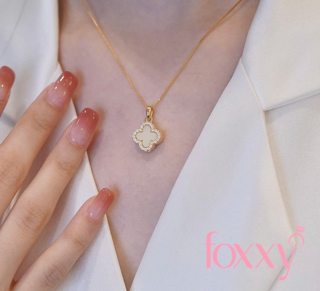 Fashion Four Leaf Clover Silver Plated Inlay Zircon Women'S Pendant Necklace Double Sided 1 Piece