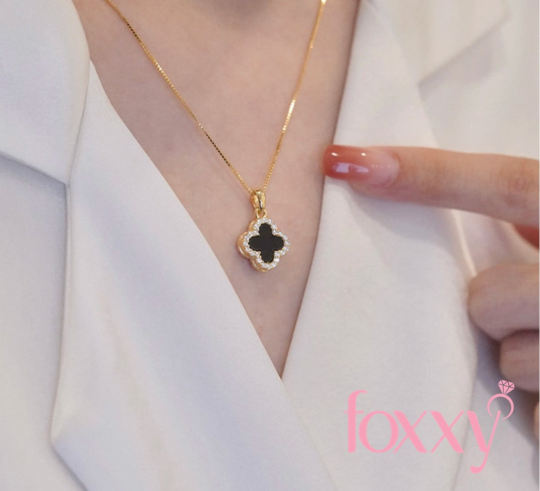 Fashion Four Leaf Clover Silver Plated Inlay Zircon Women'S Pendant Necklace Double Sided 1 Piece