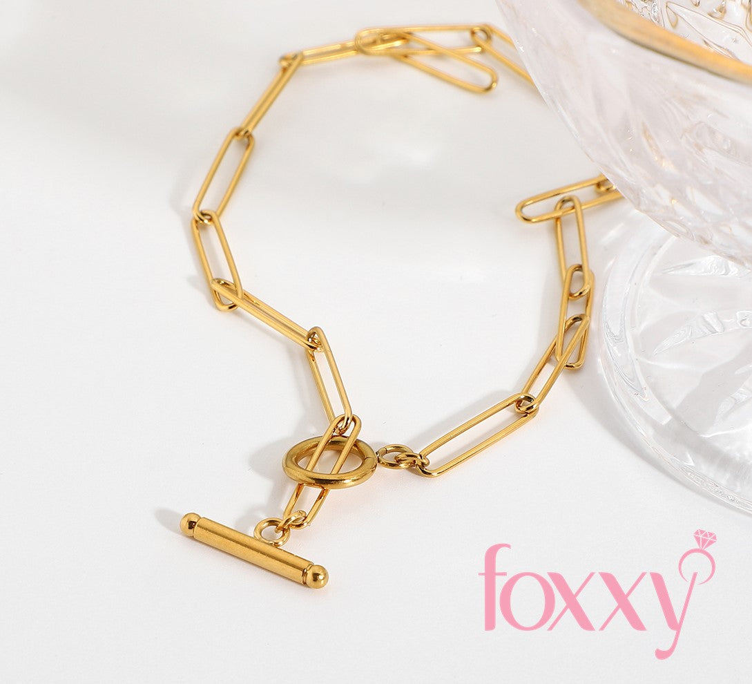 Vintage 18K Gold OT Buckle Flat Rectangle Chain Link Stainless Steel Necklace