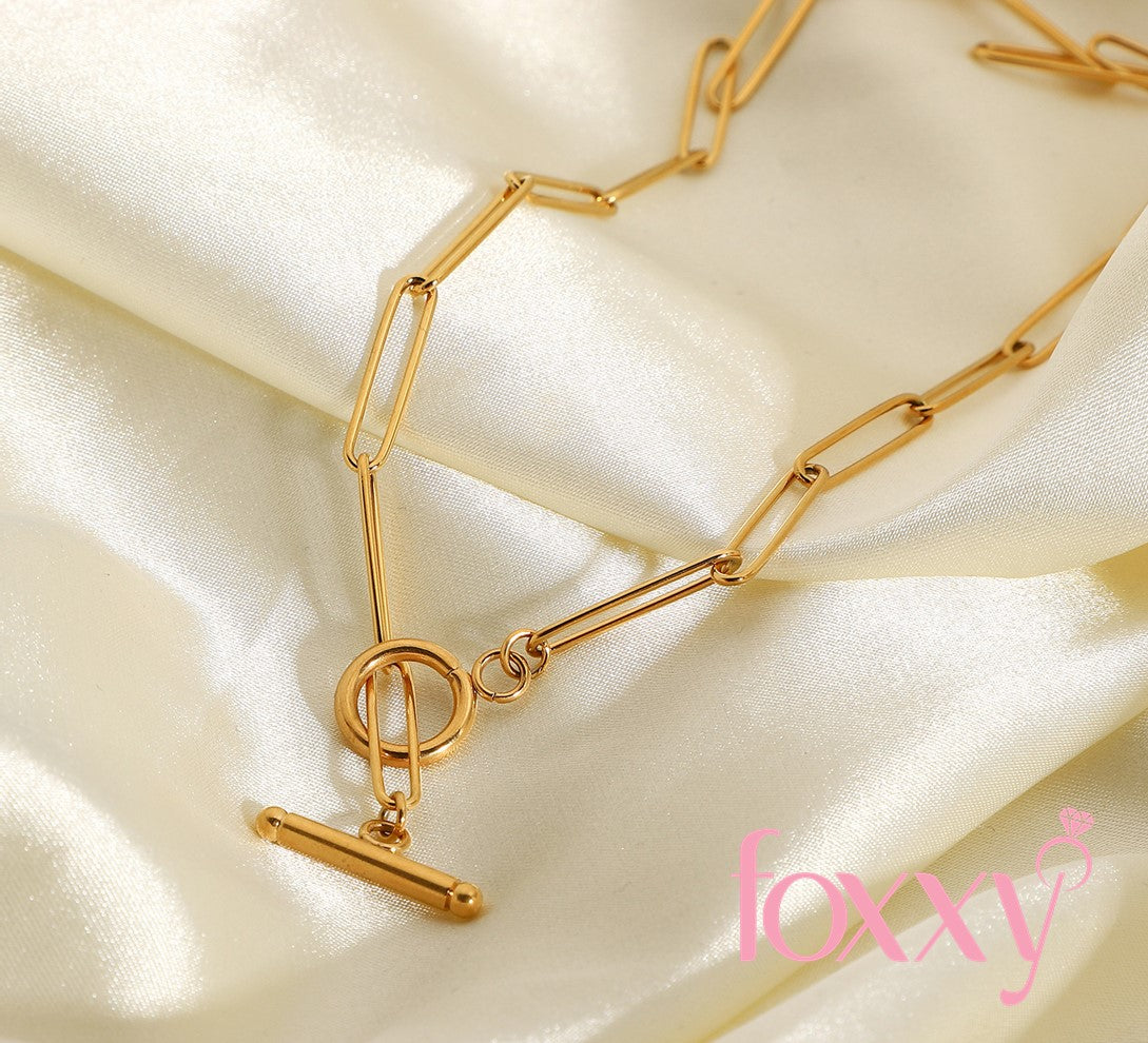 Vintage 18K Gold OT Buckle Flat Rectangle Chain Link Stainless Steel Necklace