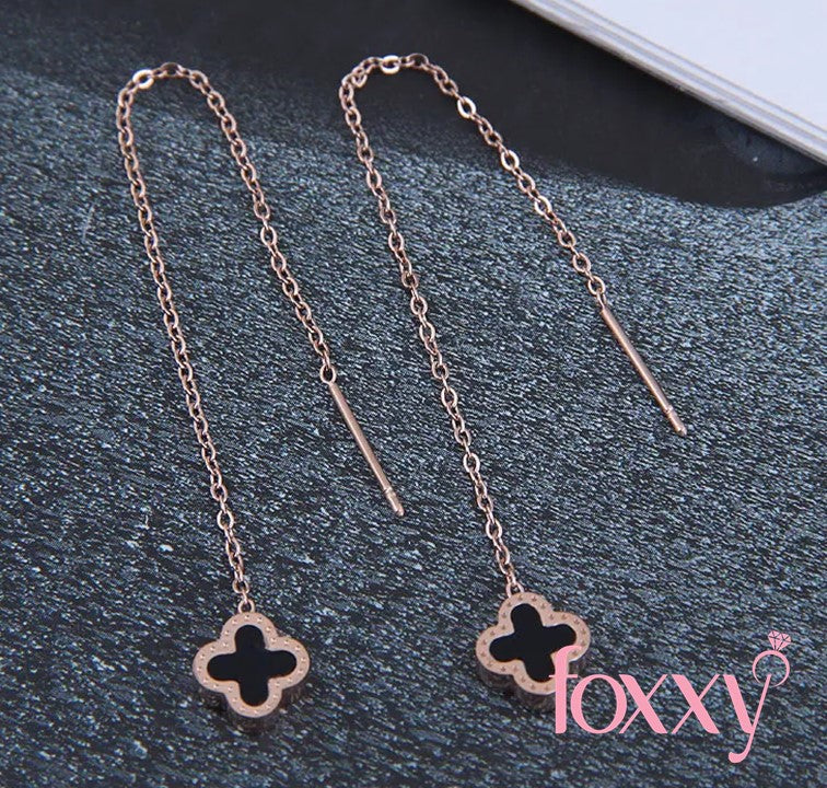 Korean temperament sweet four-leaf clover long earrings simple titanium steel earrings